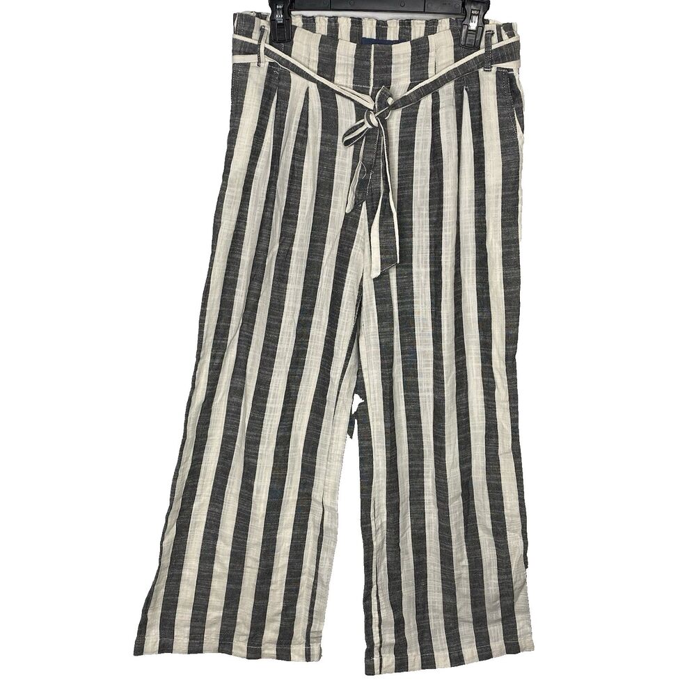 Indigo Rising Linen Pants Womens L Striped Pleated Wide Leg Smocked Waist Black